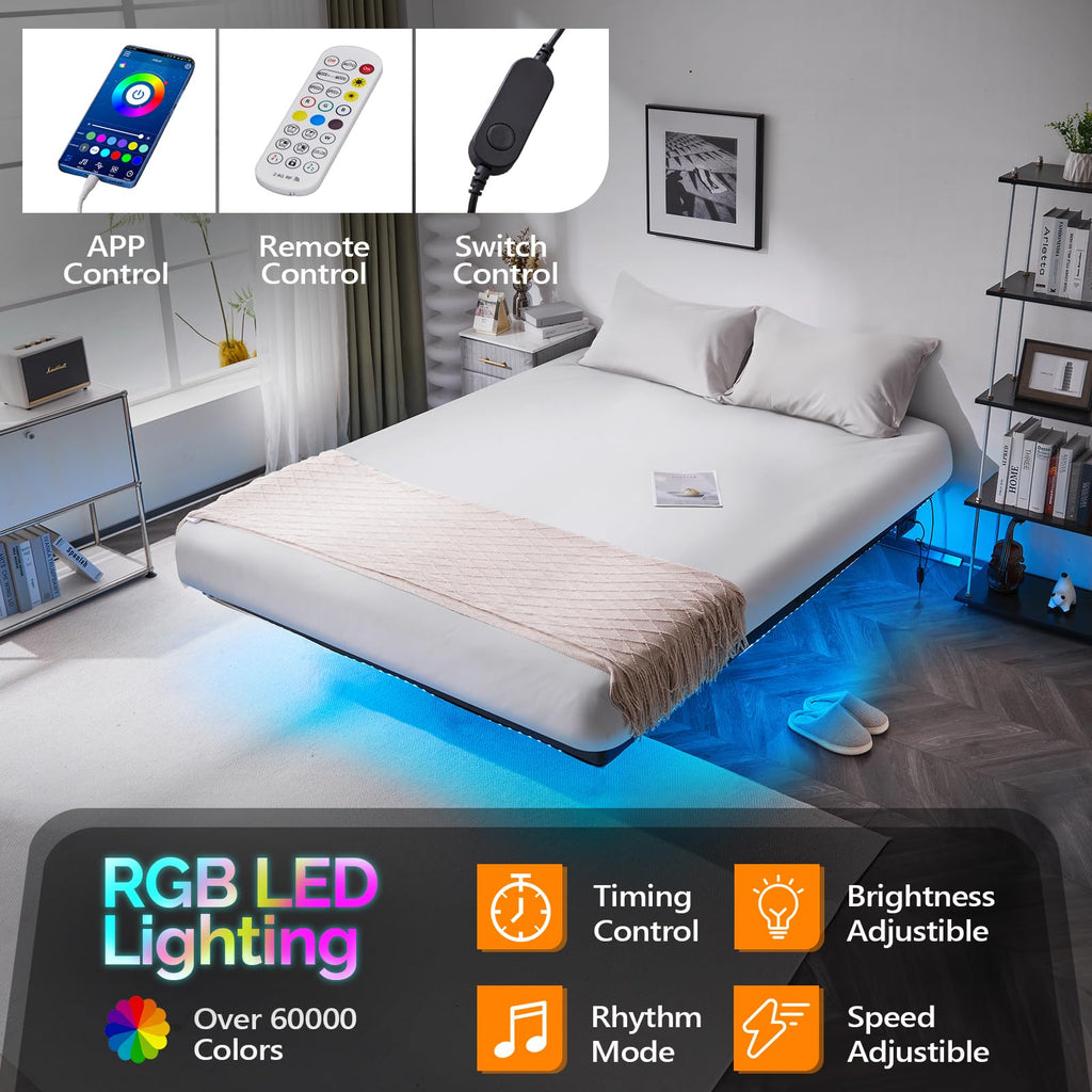 14 Inch Full Floating Bed Frame with USB Charging Station and LED Lights D234