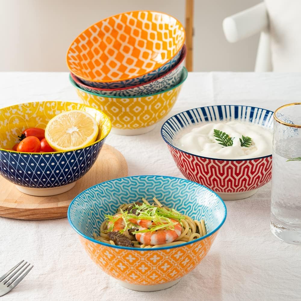 Ceramic Bowls Set 30 oz Assorted Colorful Set of 6 Microwave Dishwasher Safe A680