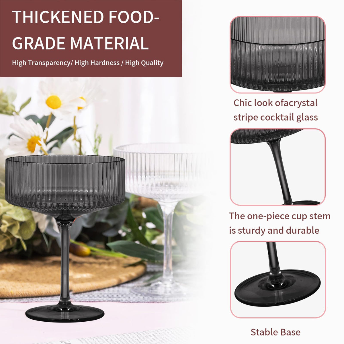 6 Pieces 10.5oz Black Ribbed Acrylic Cocktail Glasses P487797