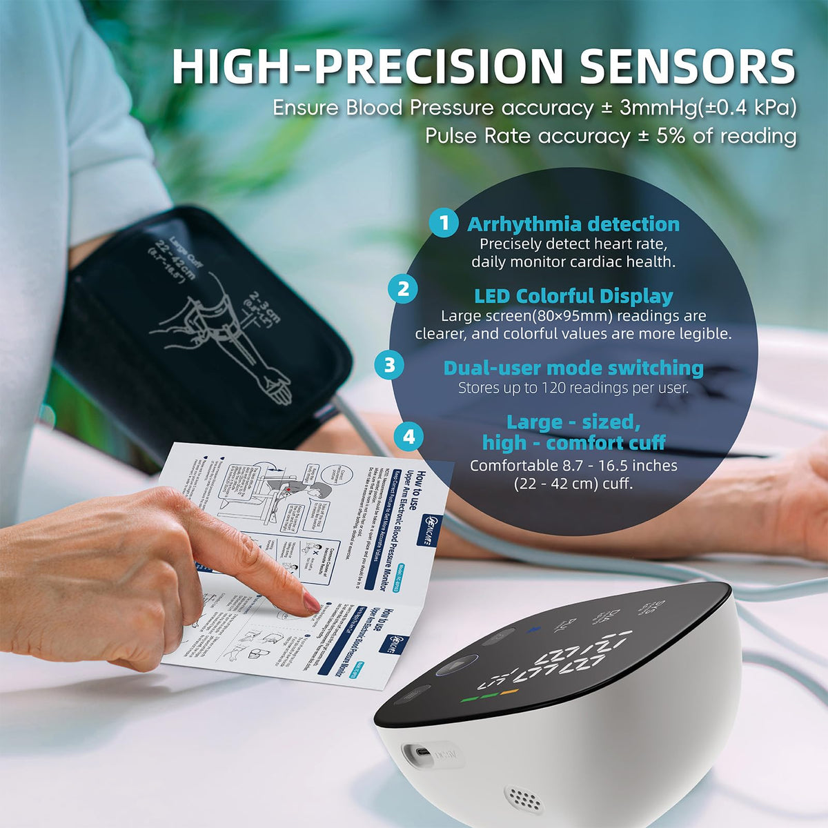 Blood Pressure Monitor with Large Color-Backlit LED Display, 240 Memory, Adjustable Wide Cuff 8.5-16.5" P284