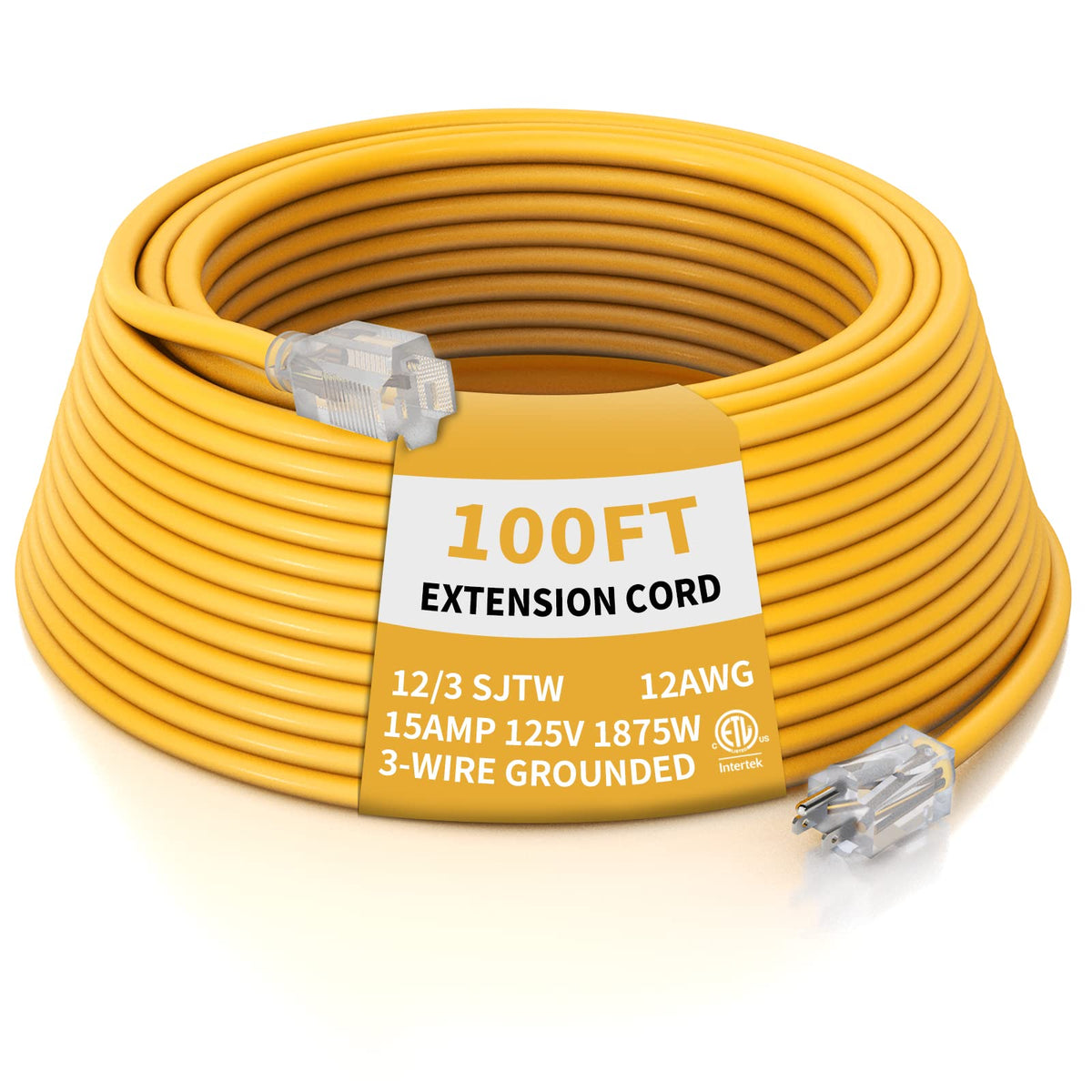 12 Gauge 100 Ft Heavy Duty Outdoor Extension Cord Waterproof Lighted End SJTW 3 Prong Grounded Plug 15A 1875W Yellow V925597