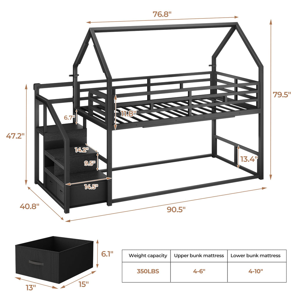 Black Twin Over Twin Metal Bunk Bed with Storage Staircase A947