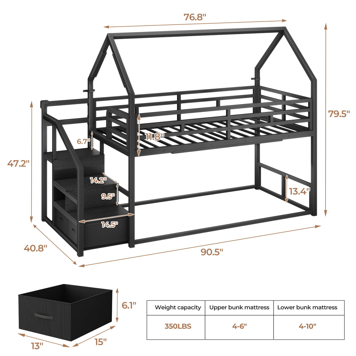 Black Twin Over Twin Metal Bunk Bed with Storage Staircase A947