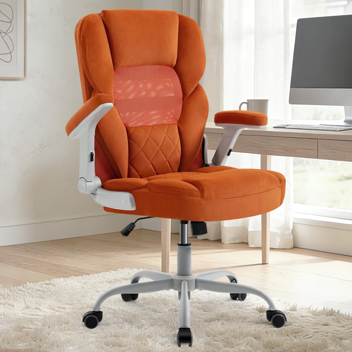 Orange Mesh and Velvet Office Chair with Arms and Wheels U938
