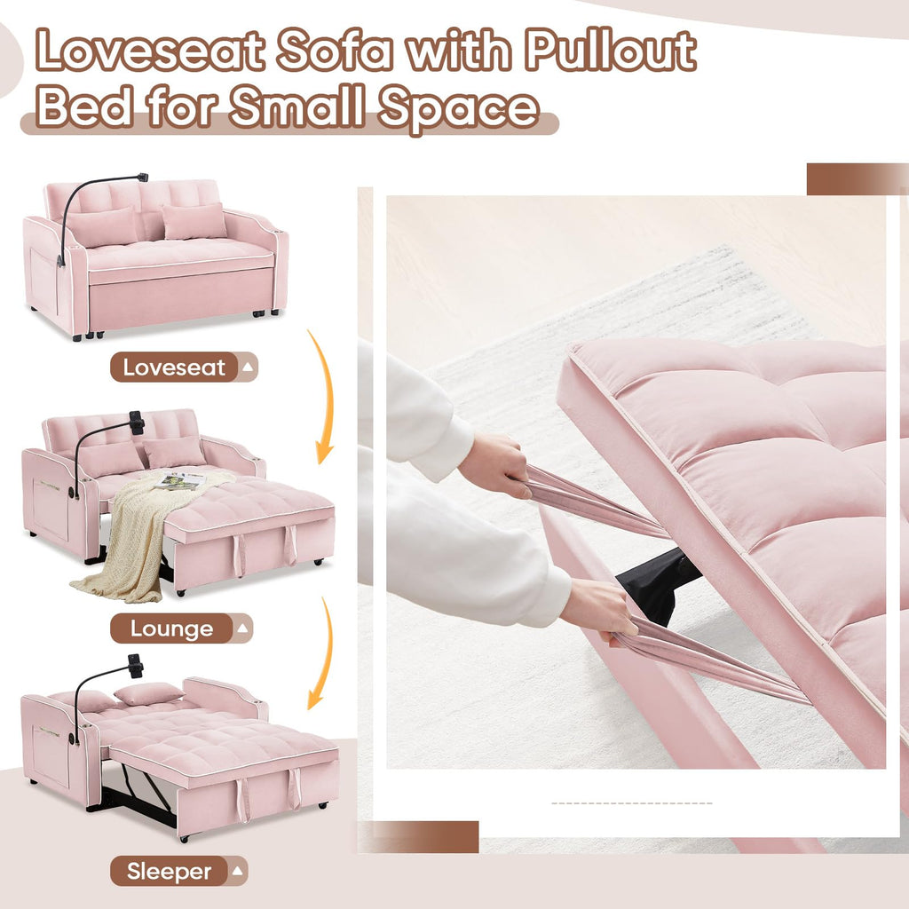 Pink Velvet Convertible Sleeper Sofa Bed X2817