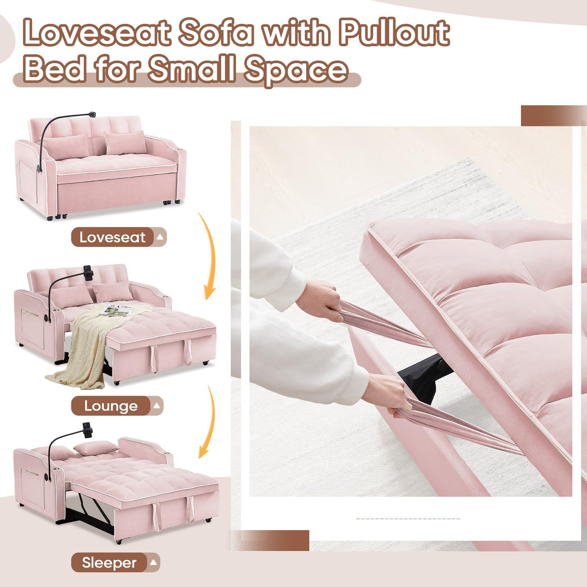 Pink Velvet Convertible Sleeper Sofa Bed X2817