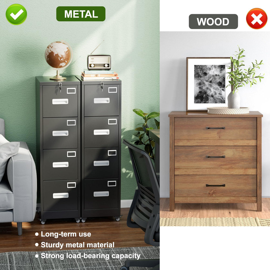 Metal 4 Drawer File Cabinet with Lock and Wheels, Black V965