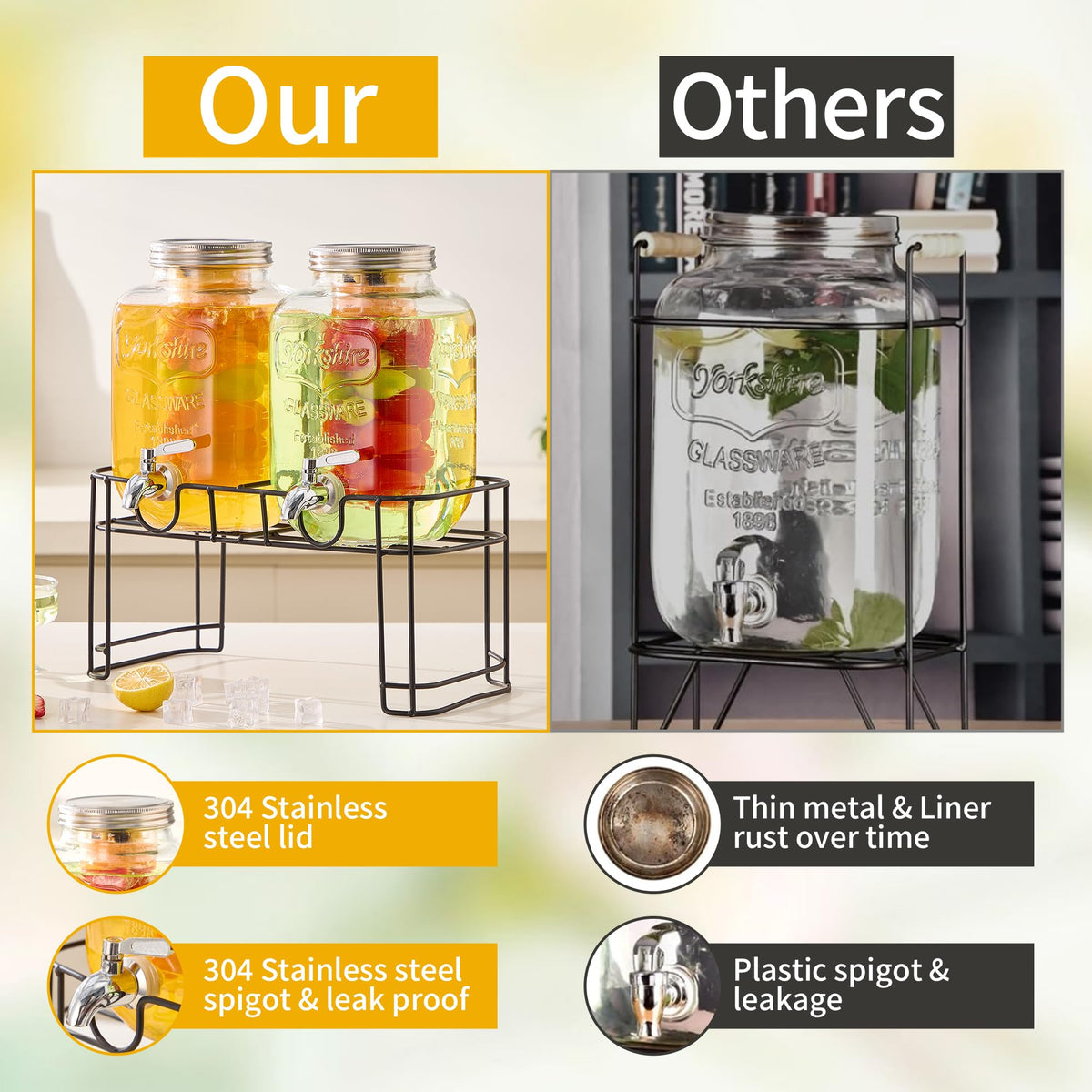 1 Gallon Glass Beverage Dispenser Set of 2 with Stand & Fruit Infuser R391