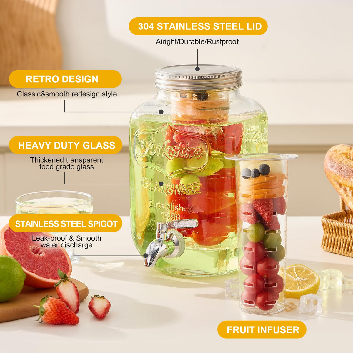 1 Gallon Glass Beverage Dispenser Set of 2 with Stand & Fruit Infuser R391