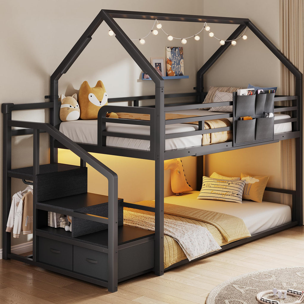 Black Twin Over Twin Metal Bunk Bed with Storage Staircase A947