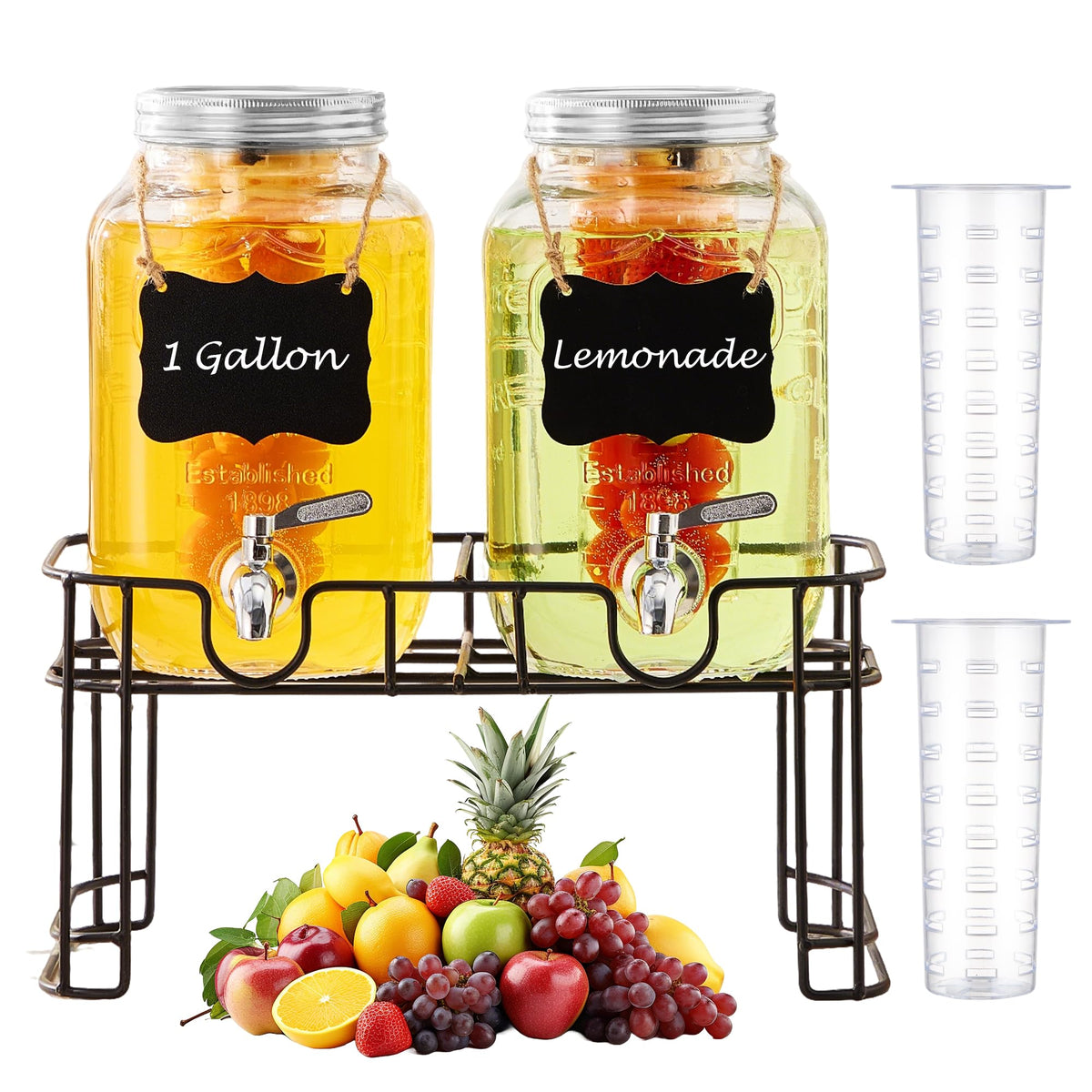 1 Gallon Glass Beverage Dispenser Set of 2 with Stand & Fruit Infuser R391