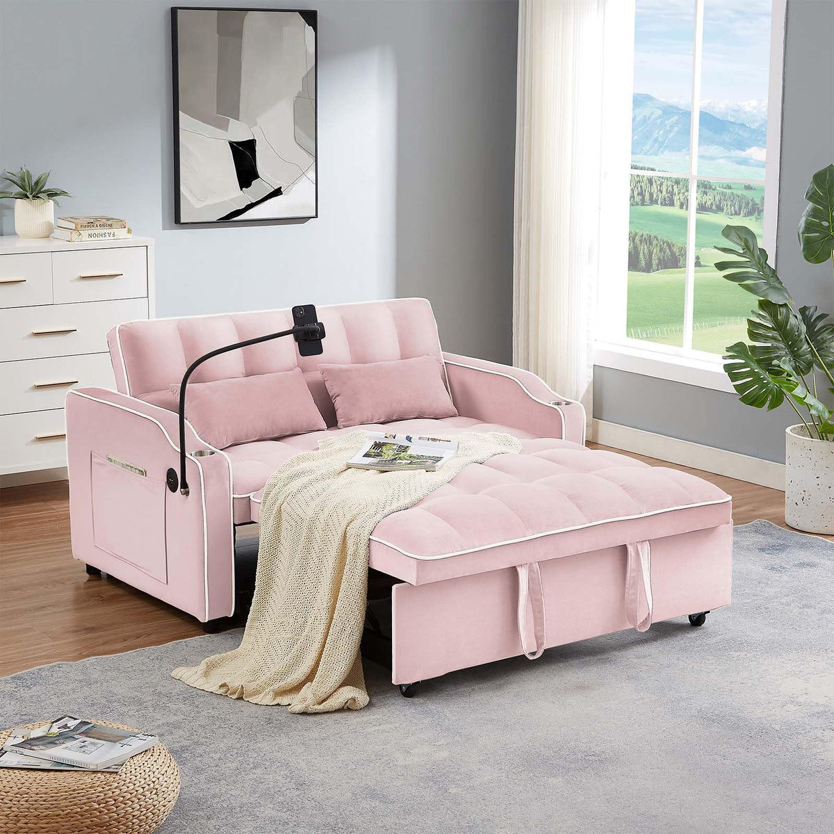 Pink Velvet Convertible Sleeper Sofa Bed X2817