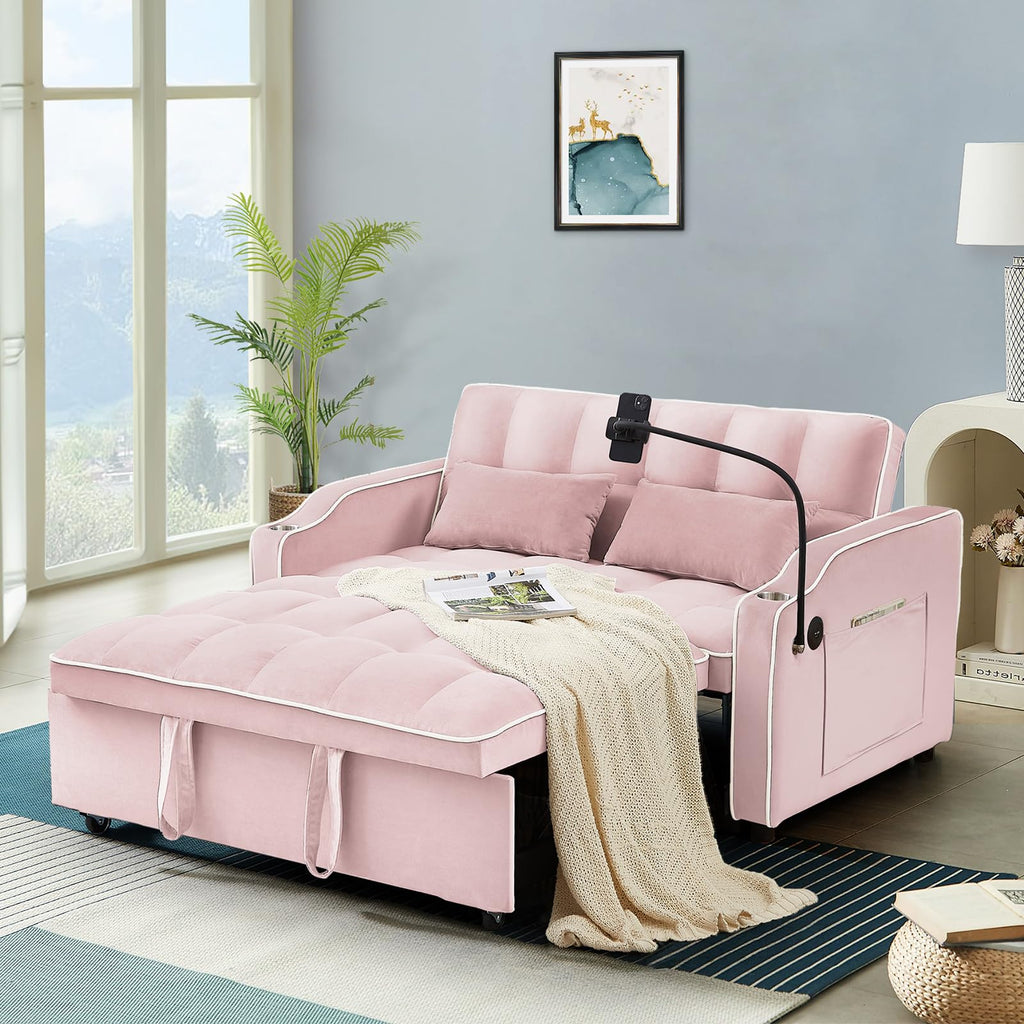 Pink Velvet Convertible Sleeper Sofa Bed X2817
