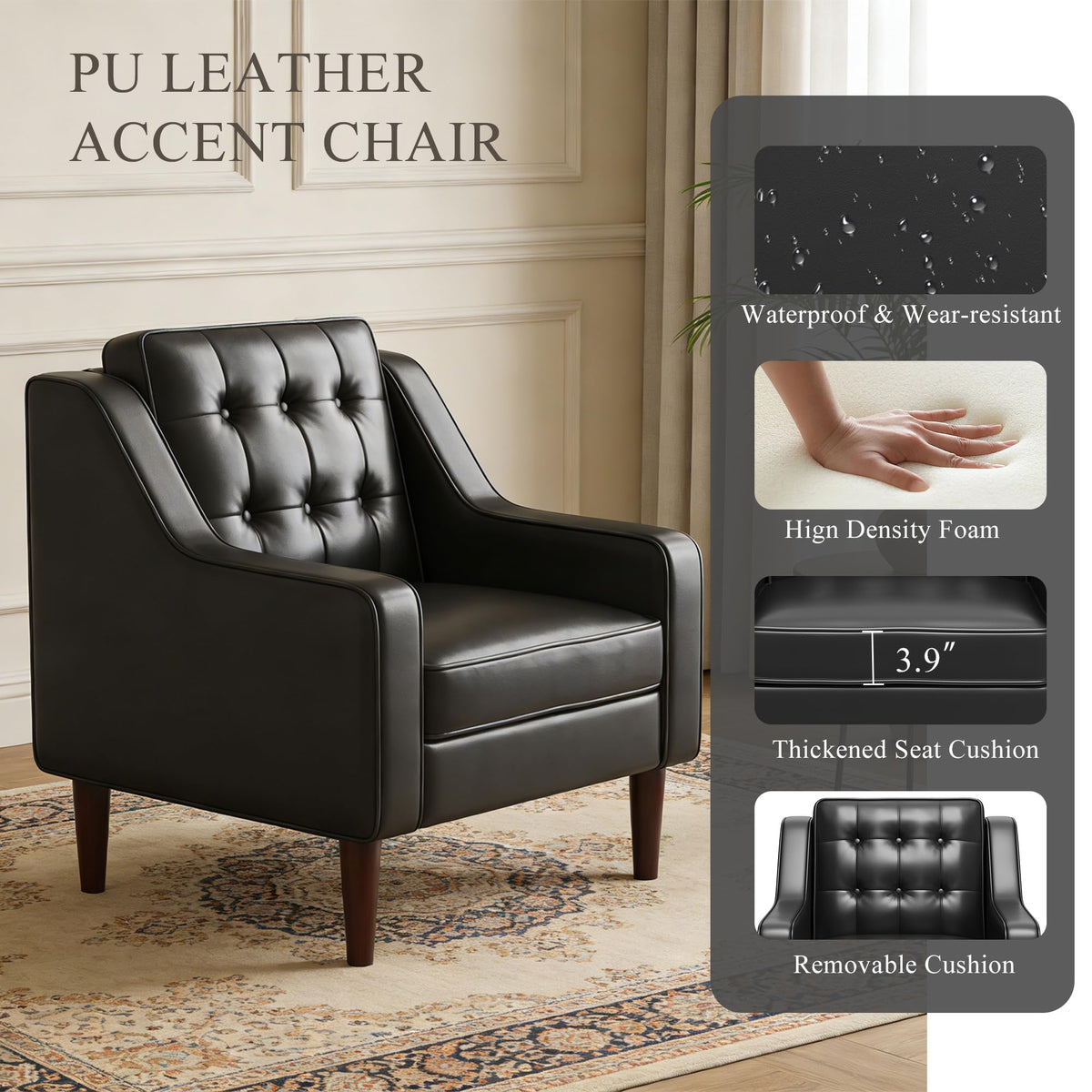 PU Leather Accent Chair Button-Tufted Upholstered Black X507299