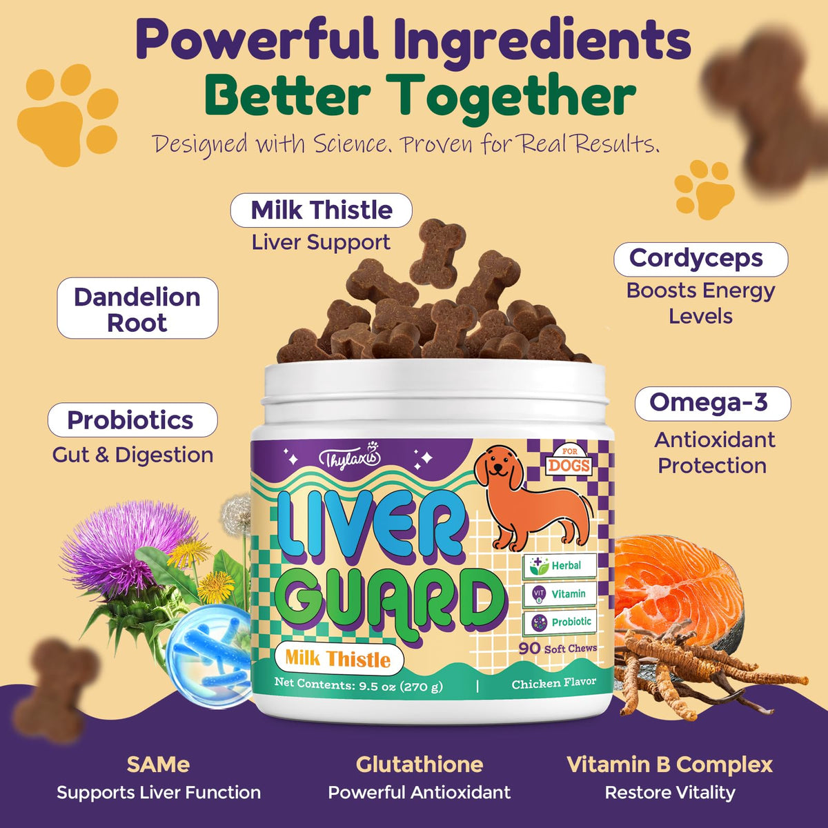 Dog Liver Supplement, Milk Thistle & Same, 5B CFU Probiotics, 90 Soft Chews C6548