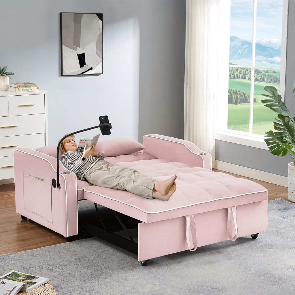 Pink Velvet Convertible Sleeper Sofa Bed X2817