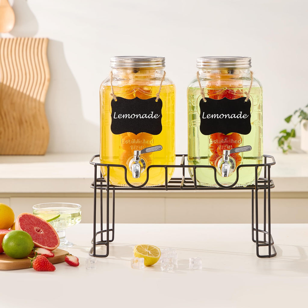 1 Gallon Glass Beverage Dispenser Set of 2 with Stand & Fruit Infuser R391