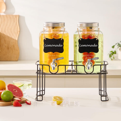 1 Gallon Glass Beverage Dispenser Set of 2 with Stand & Fruit Infuser R391