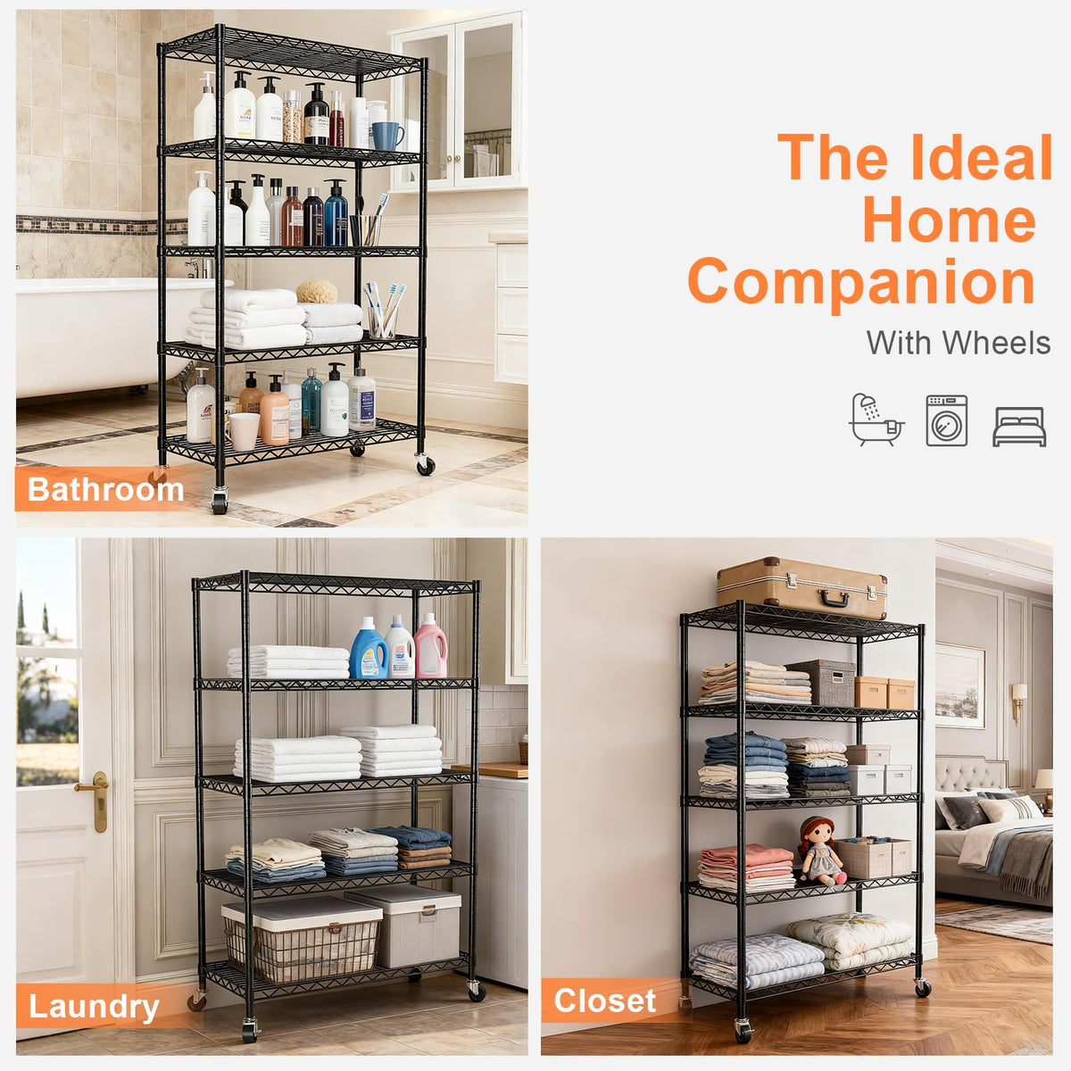 5-Tier Heavy Duty Metal Shelving Unit on Lockable Wheels K3329