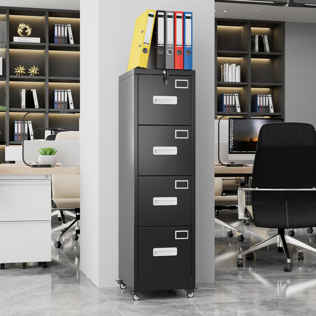 Metal 4 Drawer File Cabinet with Lock and Wheels, Black V965