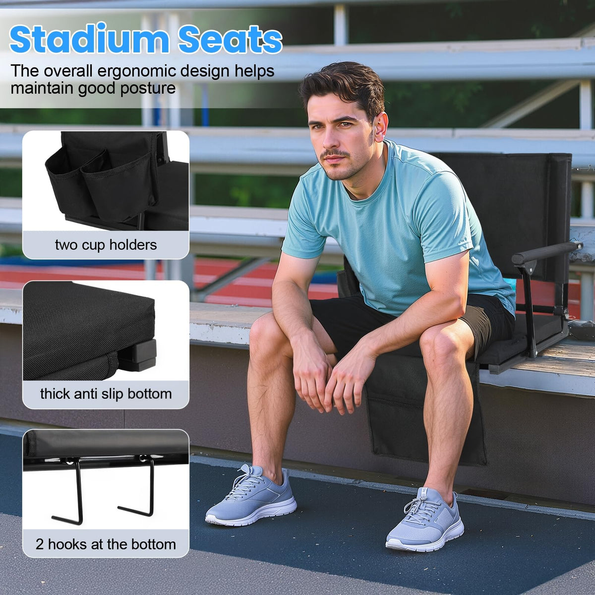 2 Pcs Folding Stadium Seat with Back Support and Cup Holder Black K6719