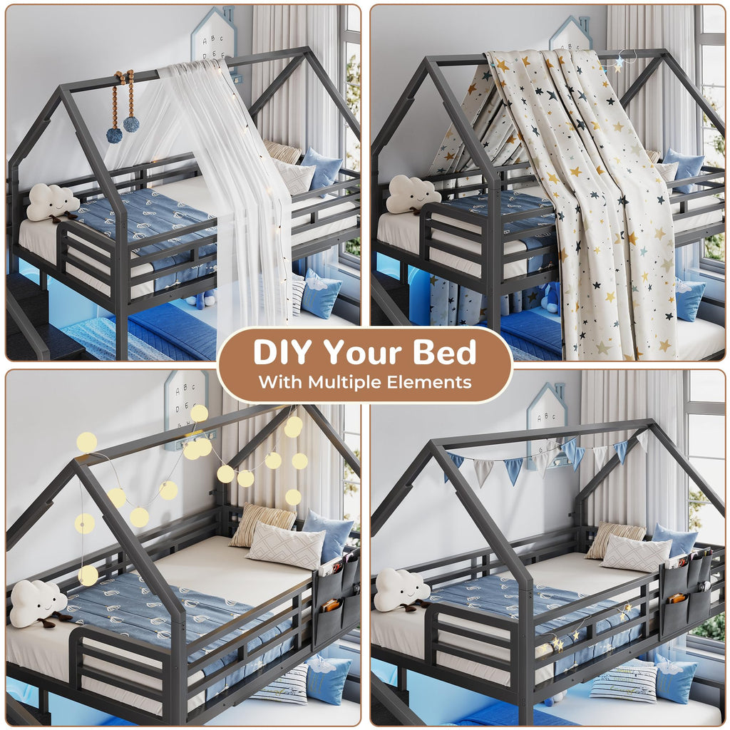 Black Twin Over Twin Metal Bunk Bed with Storage Staircase A947