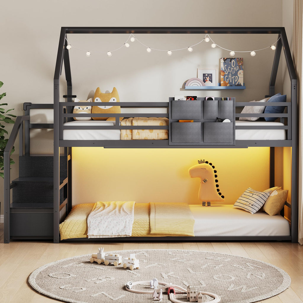Black Twin Over Twin Metal Bunk Bed with Storage Staircase A947