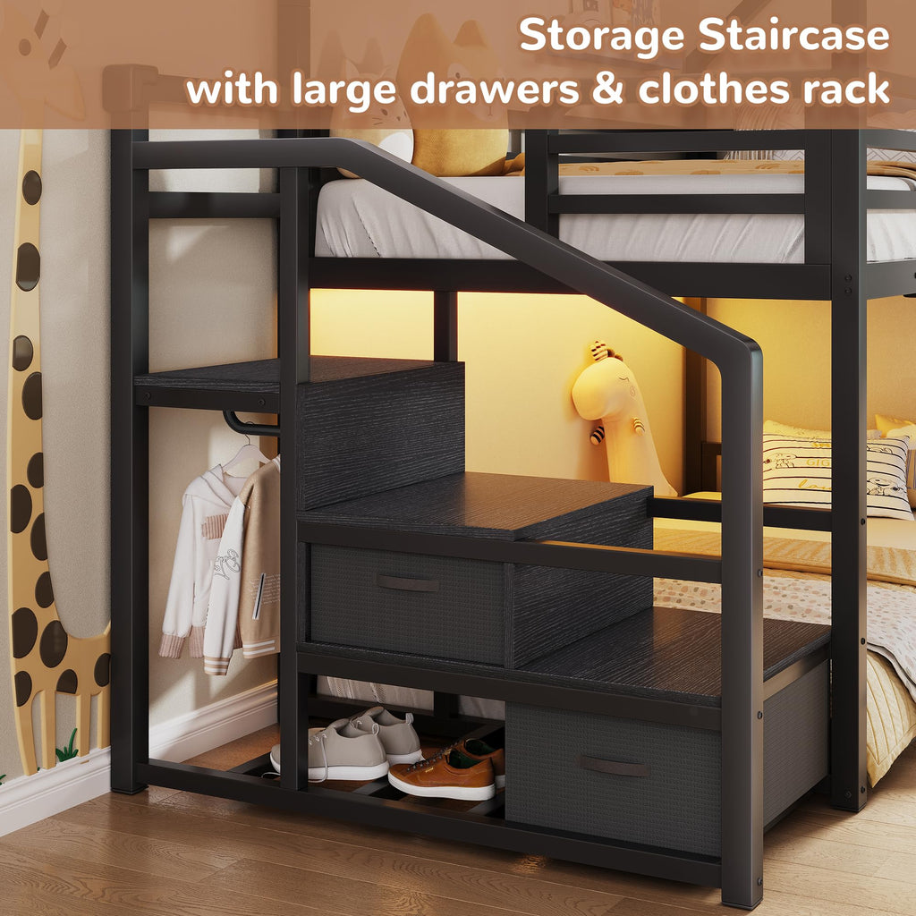 Black Twin Over Twin Metal Bunk Bed with Storage Staircase A947