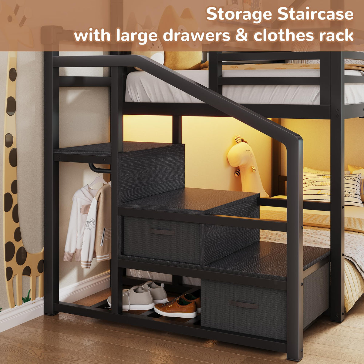 Black Twin Over Twin Metal Bunk Bed with Storage Staircase A947