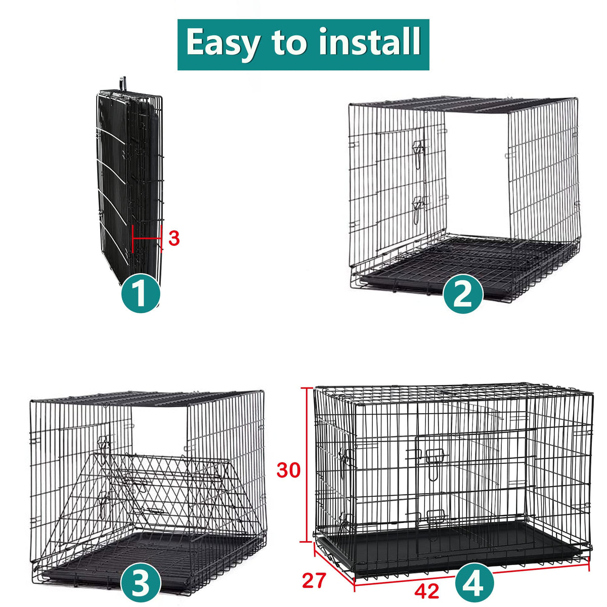 42 Inch Metal Wire Double-Door Folding Dog Crate with Tray J5250