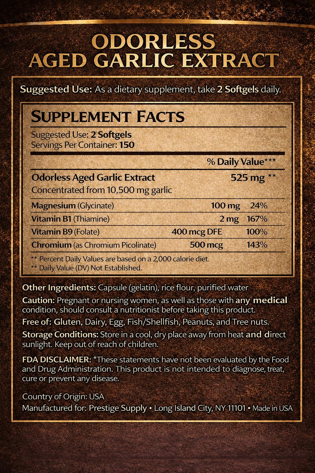 Aged Garlic Extract with Magnesium Chromium B1 & B9 300 Capsules U710