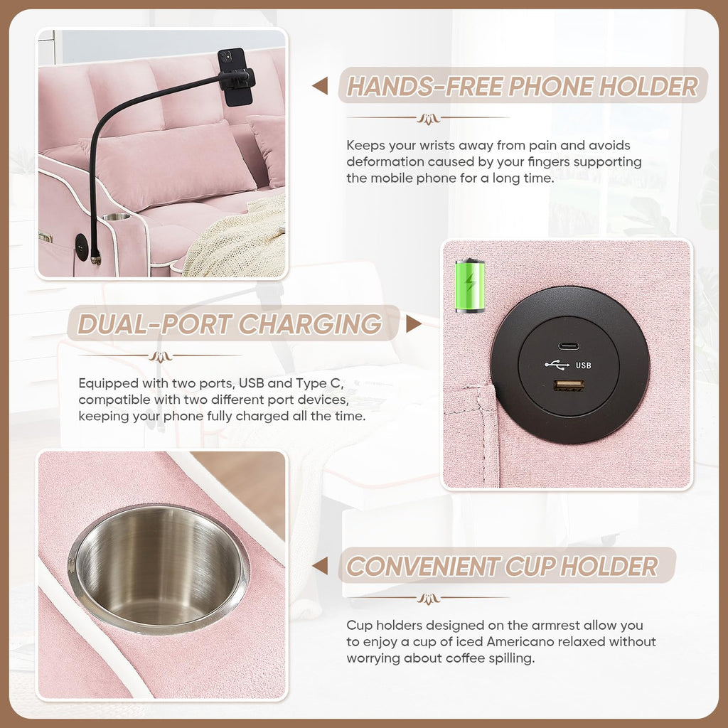 Pink Velvet Convertible Sleeper Sofa Bed X2817