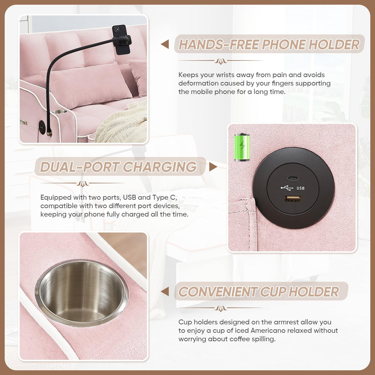 Pink Velvet Convertible Sleeper Sofa Bed X2817