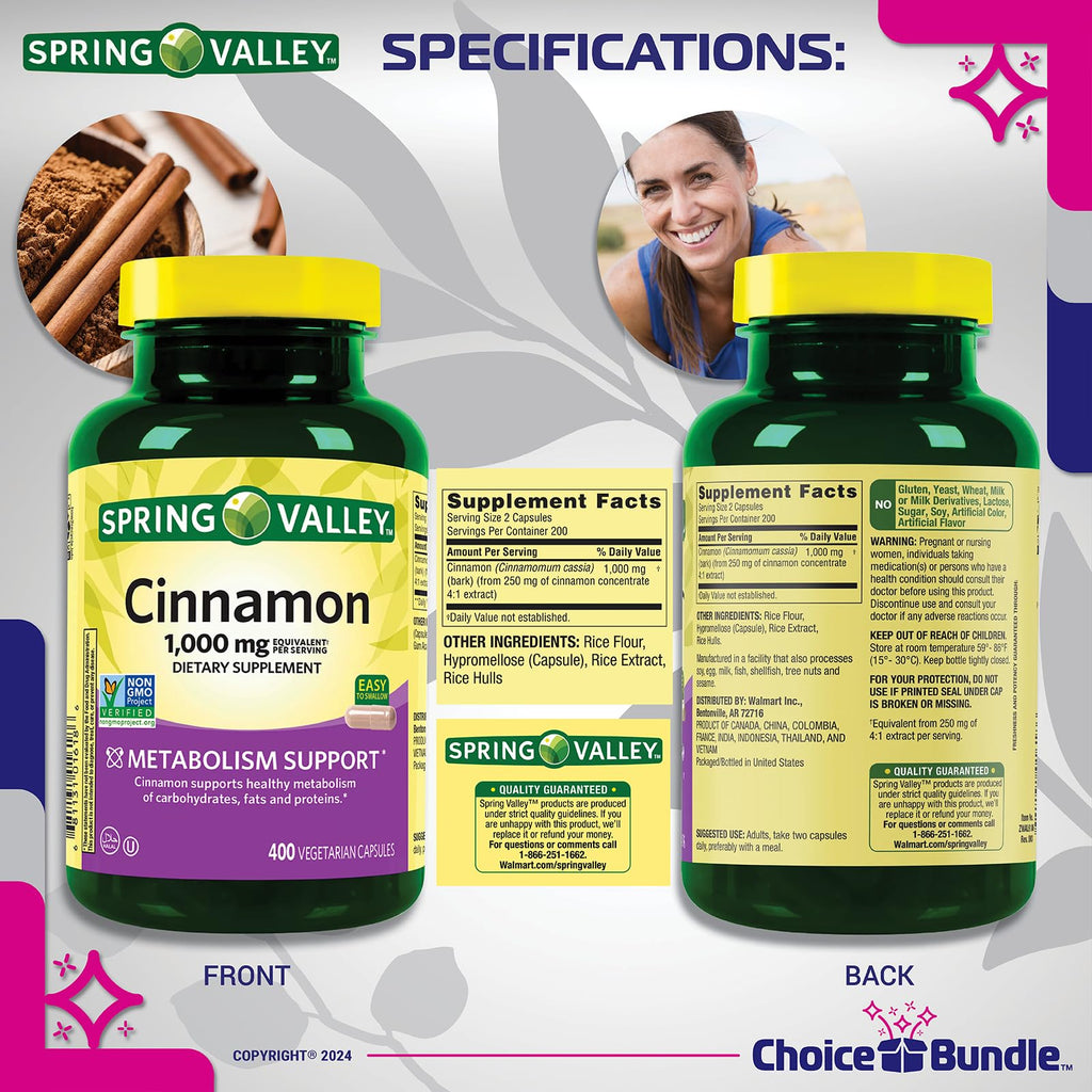 Cinnamon Supplement 1000mg 400 ct Vegetarian Capsules T2595