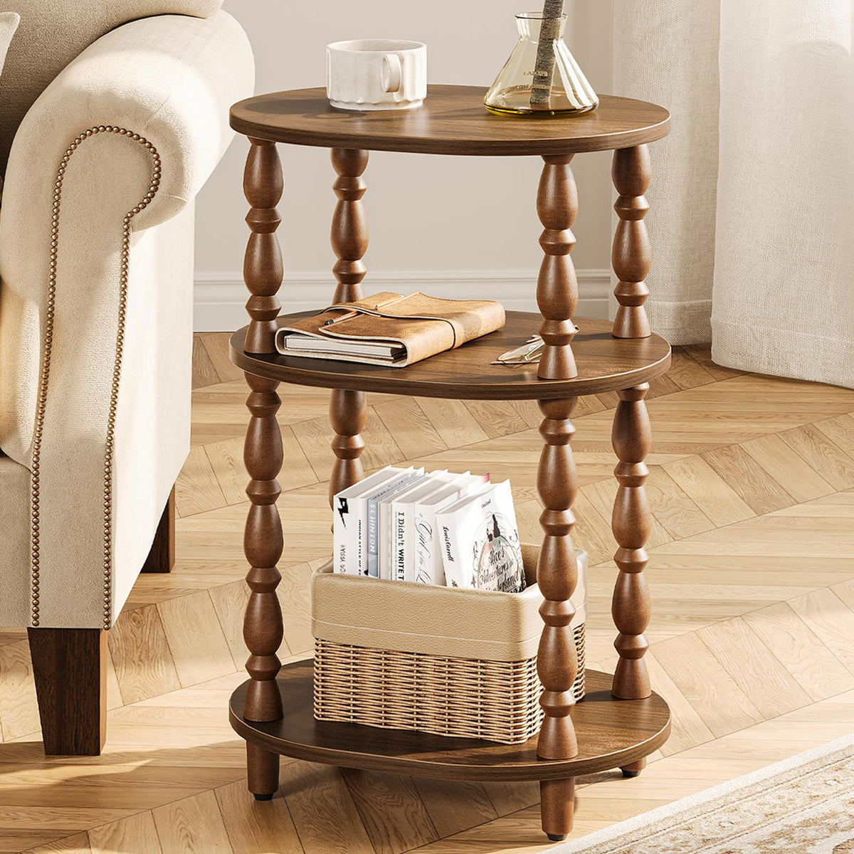 3-Tier Oval Wood Side Table with Storage Shelf E819178