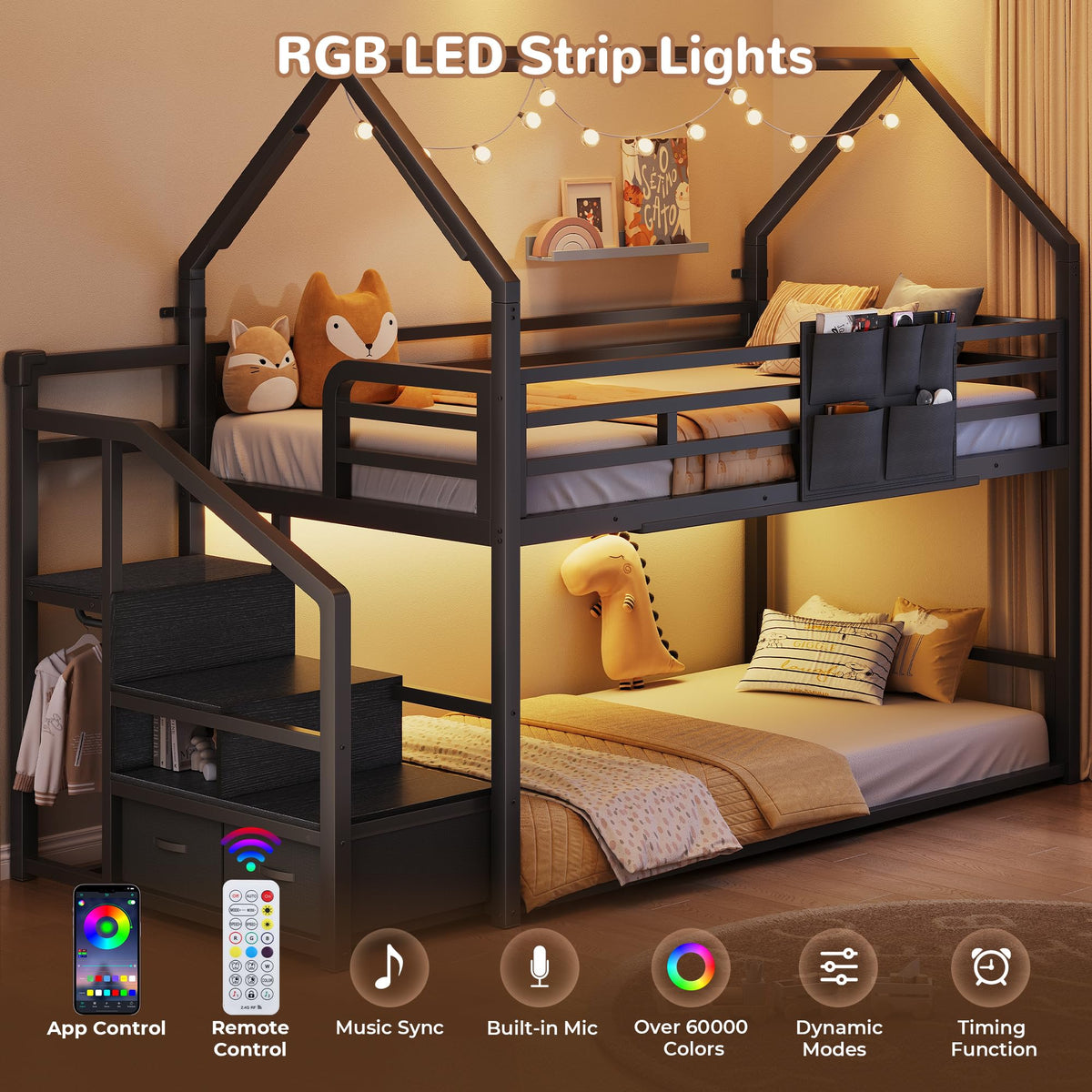 Black Twin Over Twin Metal Bunk Bed with Storage Staircase A947