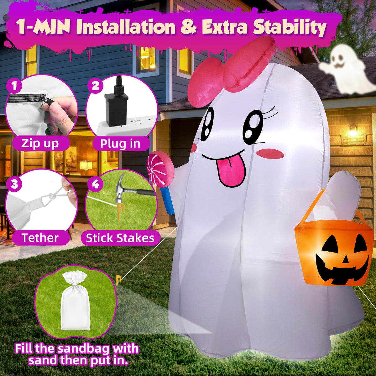 5FT Halloween Inflatables Ghost with Built-in LED Lights H18307