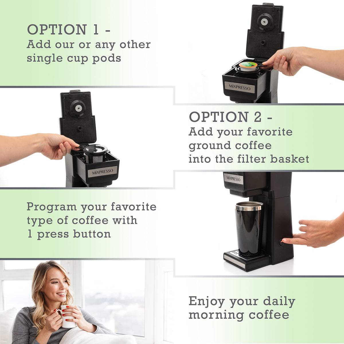 Single Serve Coffee Maker with 14oz Travel Mug & Reusable Filter B2260