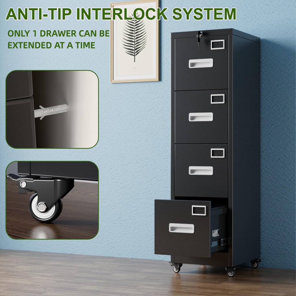 Metal 4 Drawer File Cabinet with Lock and Wheels, Black V965