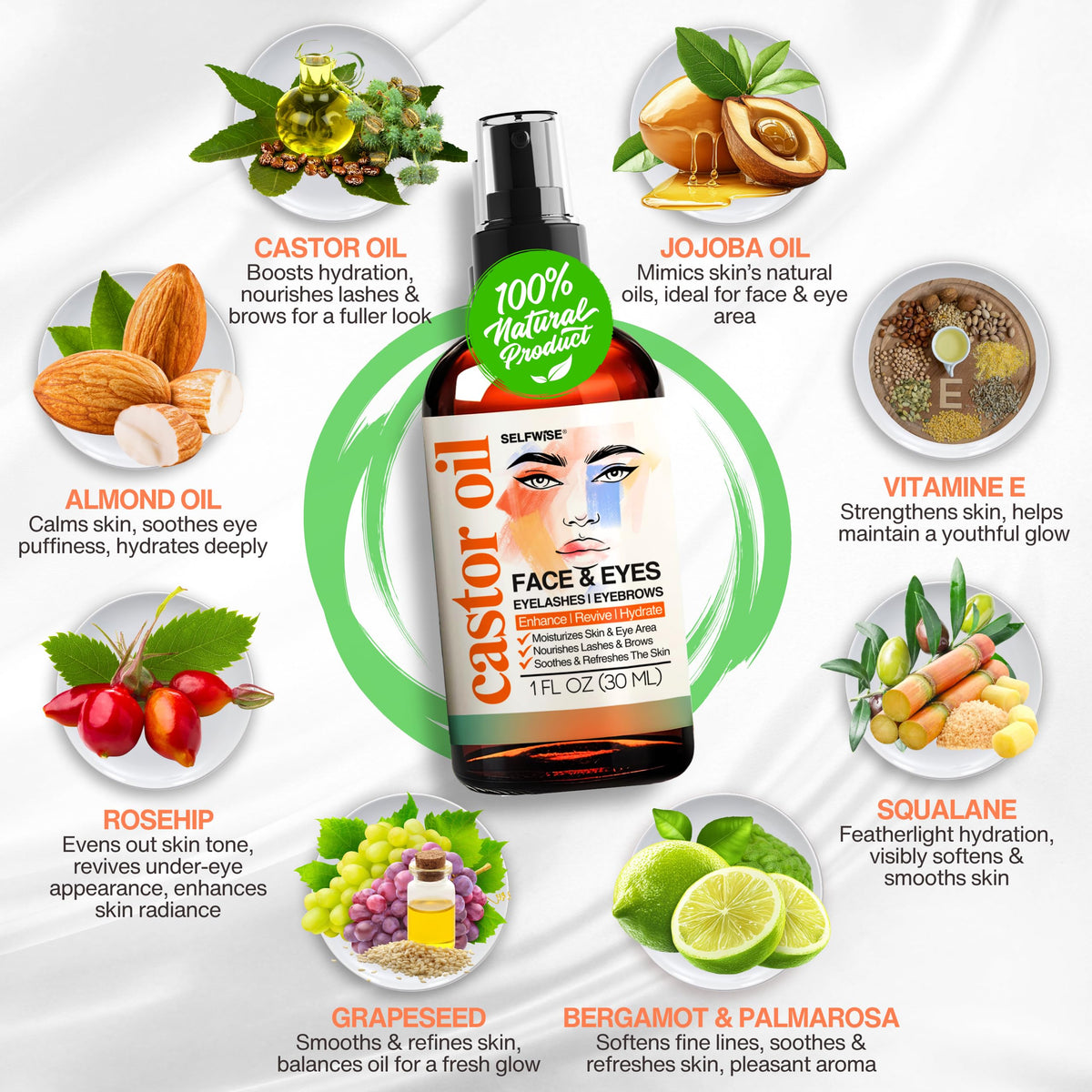 Organic Castor Oil with Jojoba Rosehip Grapeseed Squalane Vitamin E 1oz Y89678