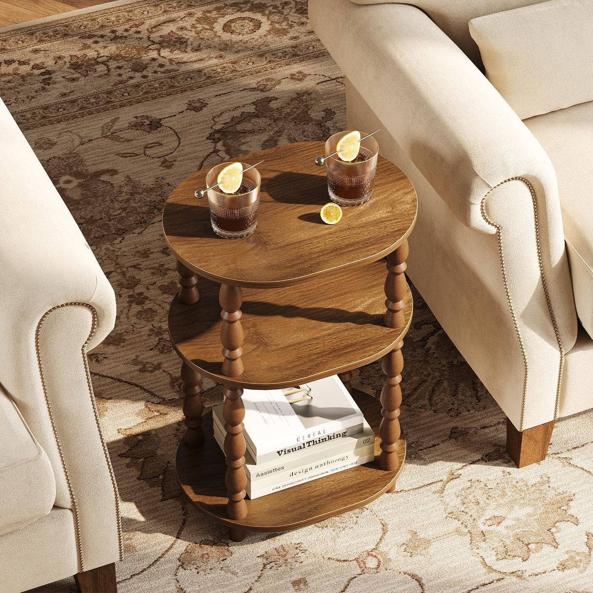 3-Tier Oval Wood Side Table with Storage Shelf E819178