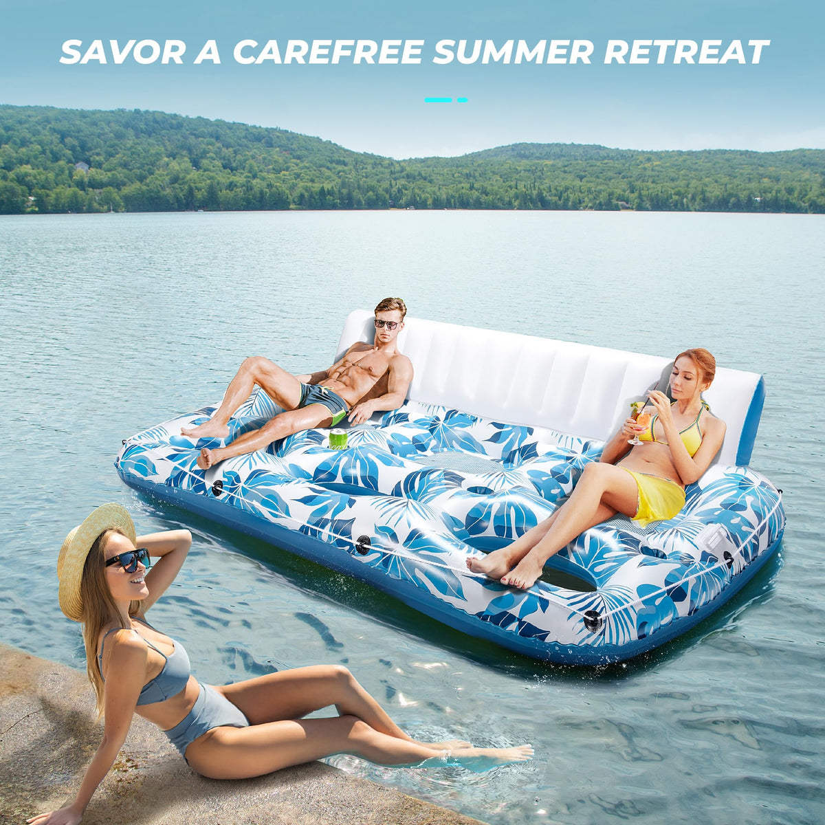 Inflatable Pool Float Lounger with Backrest, Footrest, Cup Holder L4921