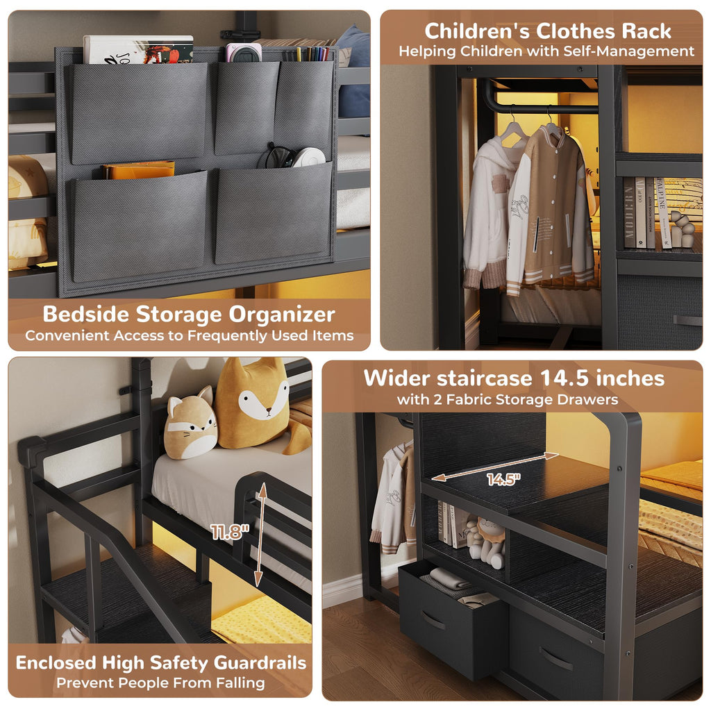 Black Twin Over Twin Metal Bunk Bed with Storage Staircase A947