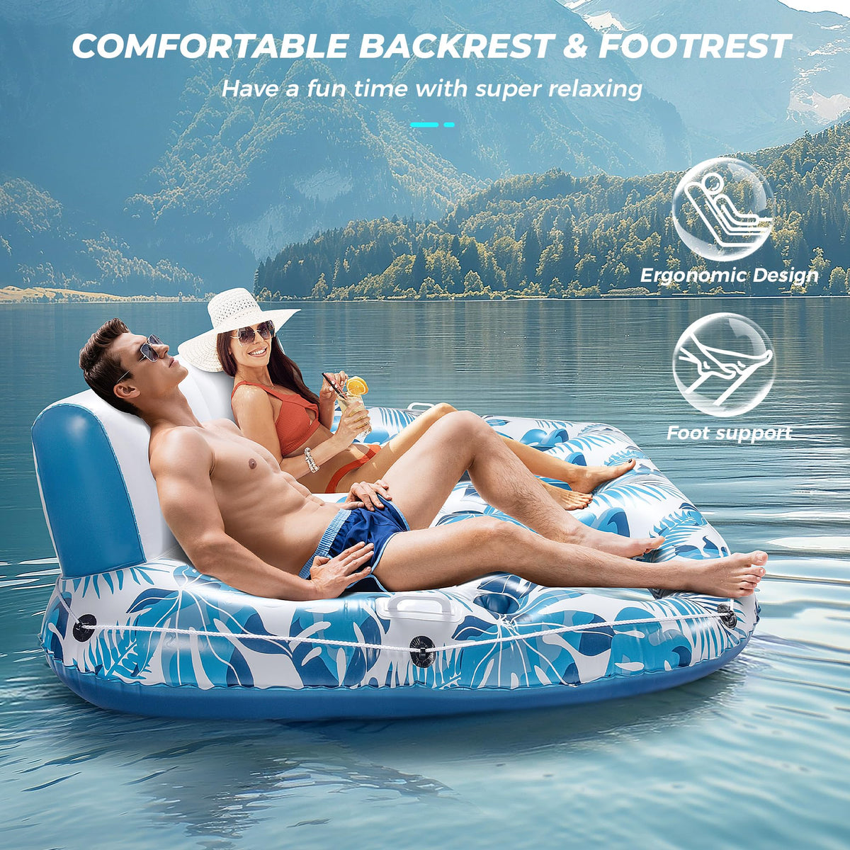Inflatable Pool Float Lounger with Backrest, Footrest, Cup Holder L4921