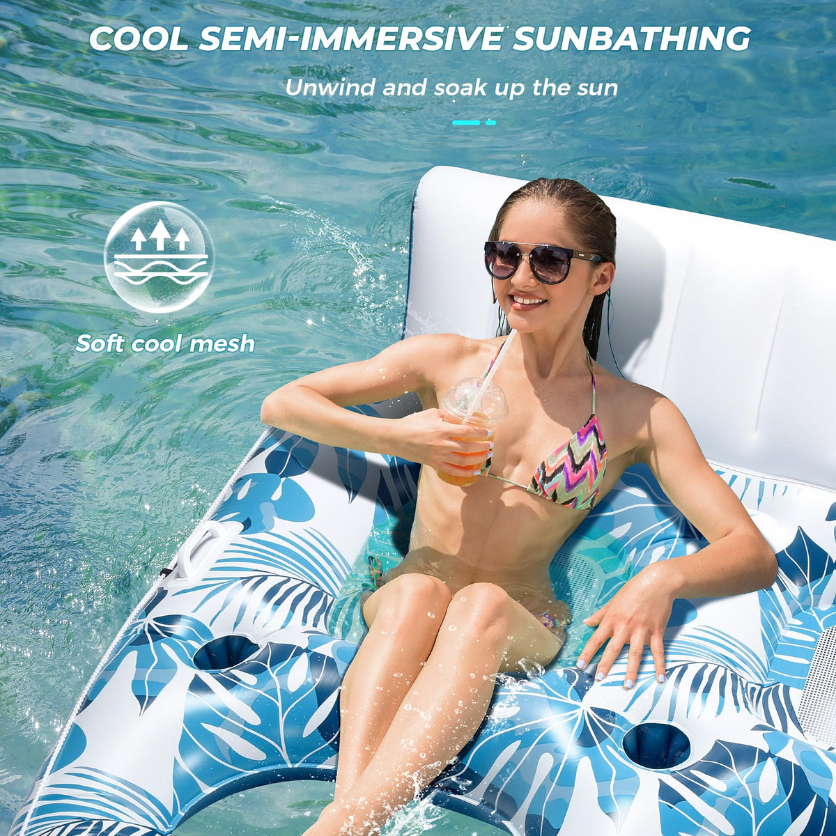 Inflatable Pool Float Lounger with Backrest, Footrest, Cup Holder L4921