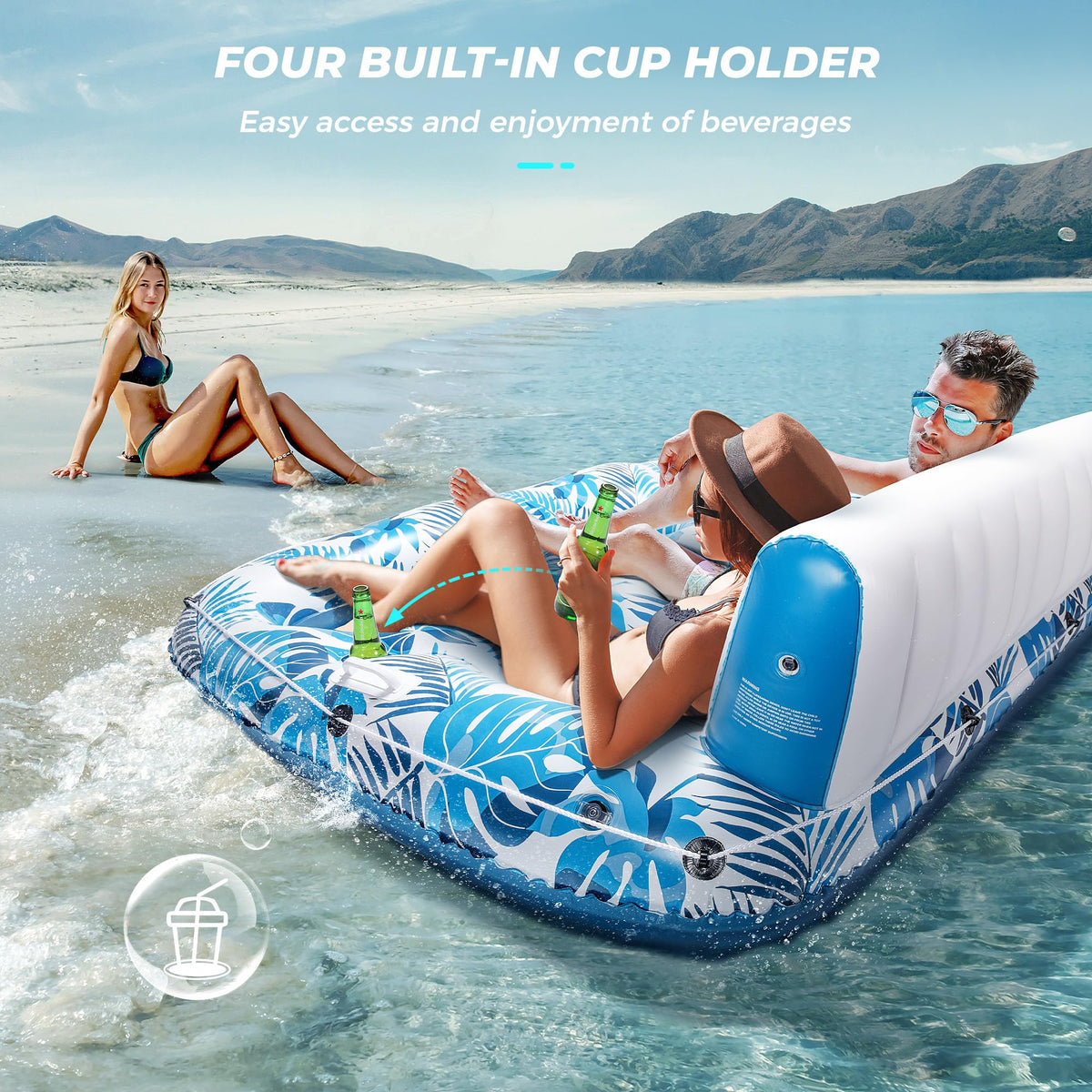 Inflatable Pool Float Lounger with Backrest, Footrest, Cup Holder L4921